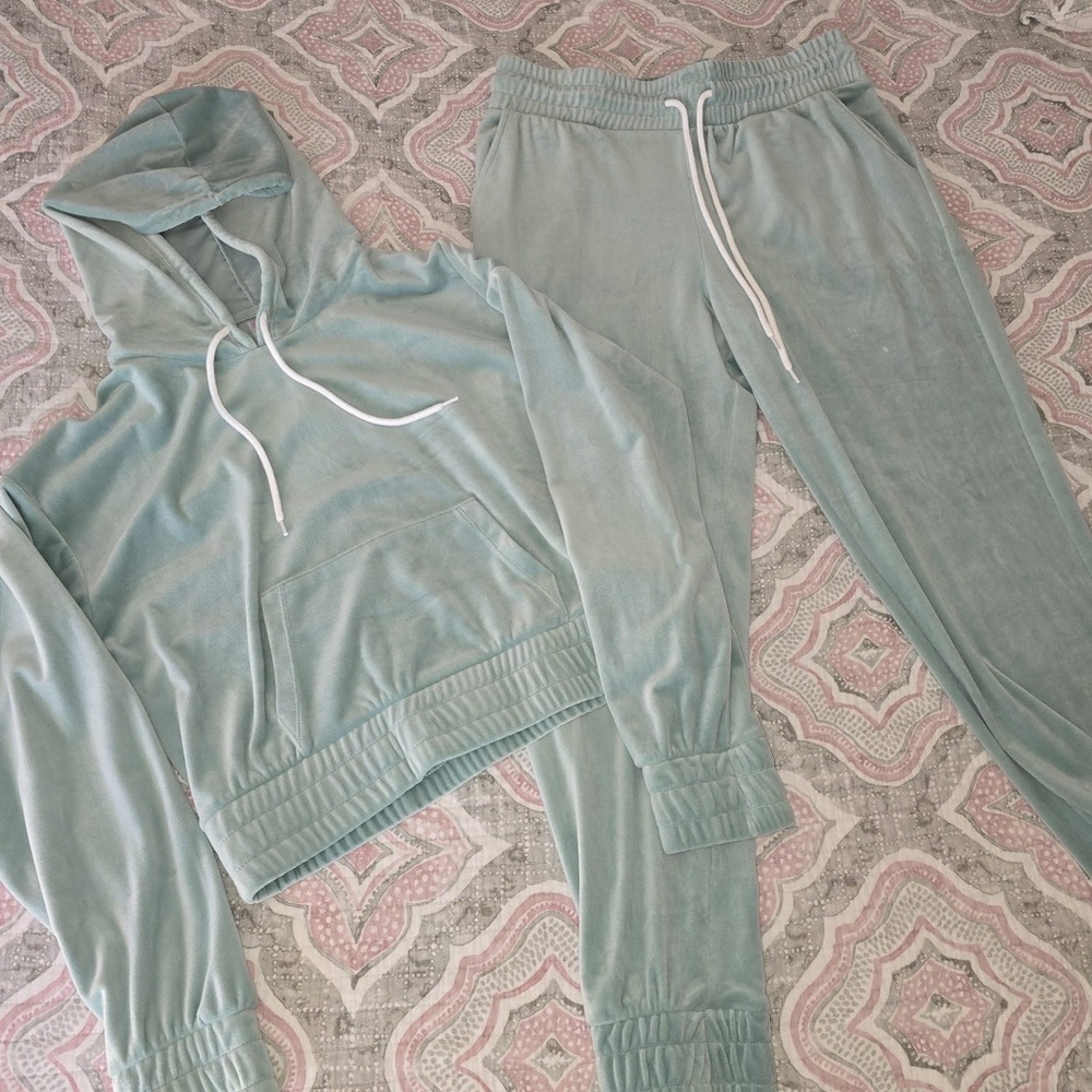 Mint velour Hoodie and Jogger sweatsuit Set